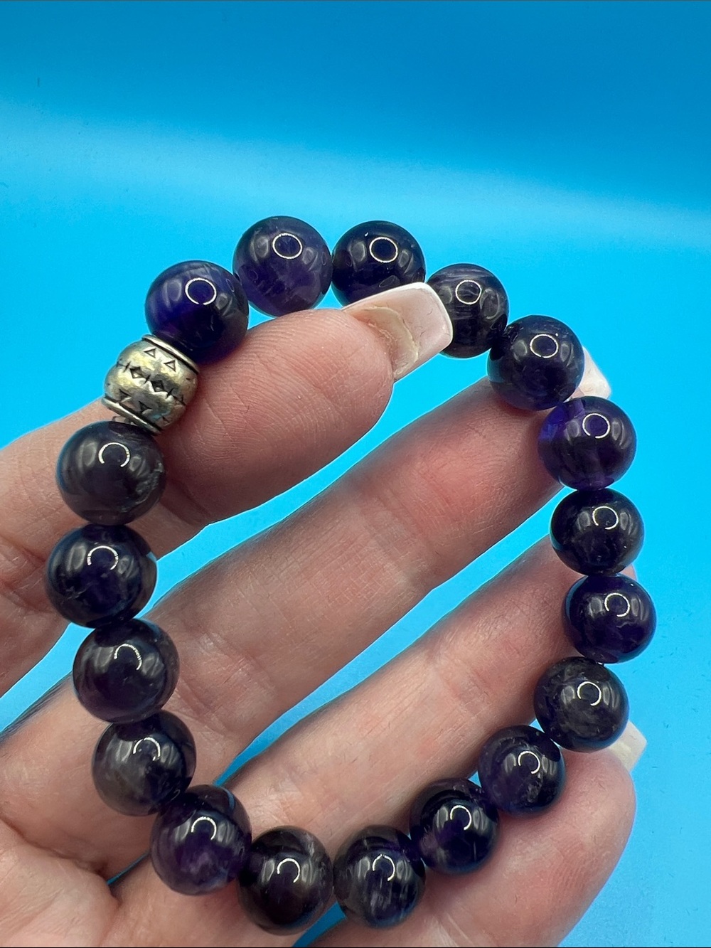 Purple Amethyst Stretch Bead Bracelet with Silver Accent